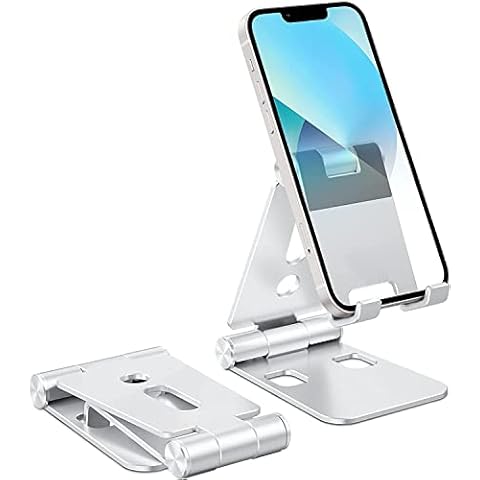 Nidiox Phone Stand for Desk Cell Phone Holder Adjustable Compatible with iPhone 14 13 12 Pro Max 11 XS Max XR X 8 Plus, Aluminum Metal Desktop Phone Stand Portable - E300 Silver Cover