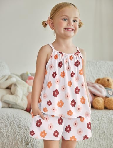 Image of Arshiner Toddler Girl Clothes 2 Piece A-Line Spaghetti Strap Top and Short Sets Cute Summer Outfits Pink Orange Flower 4-5T