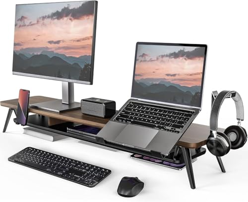 Fenge Dual Monitor Stand Monitor Riser for 2 Monitors with Adjustable Laptop Riser 42.5 Inch Desk Shelf for Top of Desk with Phone Holder& Headphone Stand