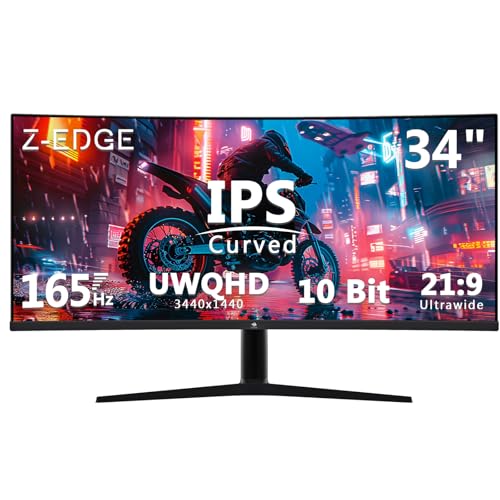 Z-Edge Ecran PC Gamer Incurvé 34'', 3440x1440, 165Hz(DP1.4×2), Dalle IPS, 96% DCI-P3, FreeSync, G-Sync, 120% sRGB, Moniteur Ultrawide 21:9, Hauteur/Inclinaison Réglable, Rotatif, 100Hz (HDMI2.0×2)
