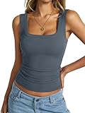 EasyGala Womens Cotton Ribbed Square Neck Tank Tops Basic Backless Camisole Sleeveless Slim Fit Wide Shoulder Strap Summer Clothes 2025 Grey Blue M