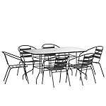 Flash Furniture Lila 7-Piece Glass Patio Table and Chairs Set, Outdoor Patio Dining Set with Rectangular Table and 6 Slat Back Patio Chairs, Black