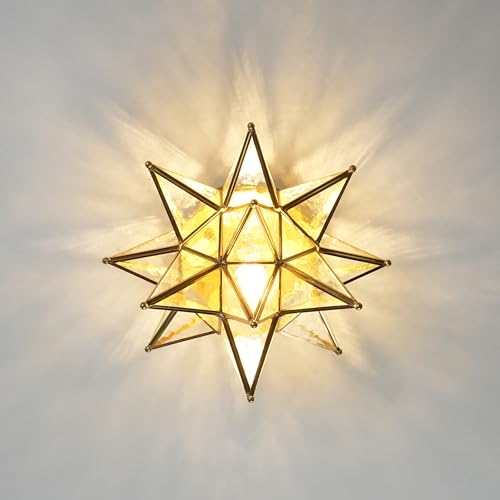 Image of Moravian Star Ceiling Light, Hammered Clear Glass, Brass Finish