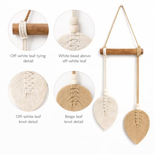 Image of AdFashionble Boho Macrame Wall Hanging Leaf Decor for Home, Living Room & Bedroom | Cotton Thread Art with Wooden Rod | Minimalist Handmade Wall Decoration | Aesthetic Nordic Wall Art for Home, Office & Gift Purpose Lenght- 58 cm Width- 15 cm (LIGHT BROWN & OFFWHITE)