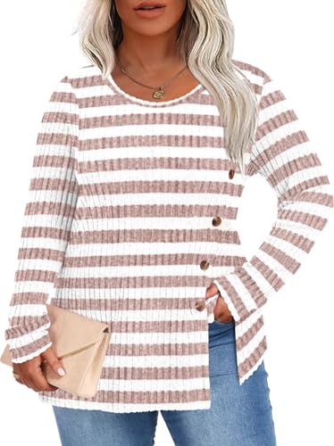 Image of HOTGIFT Womens Sweaters Tops Plus Size Tunics Top Long Sleeves Winter Blouse Casual Shirts Outfits White-Orange Stripes 3X-Large