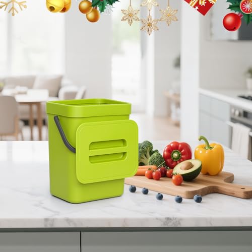 Image of Kitchen Waste Bin with Hooks 5L, Indoor Kitchen Sealed Under Sink for Kitchen, Food Waste Bin for Countertop (Green)