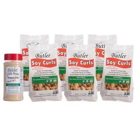 Butler Soy Curls 6 Pack - 6x 8 oz bags + 10.35 oz Chik-Style Seasoning Cover