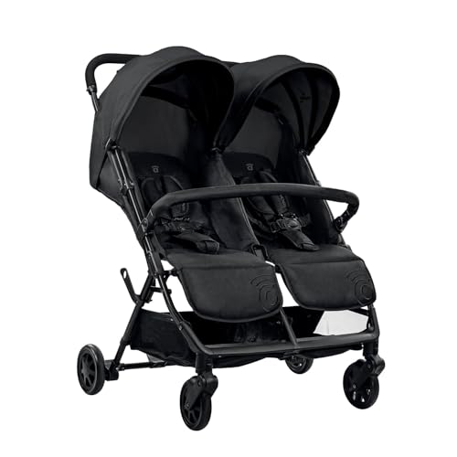Silla de Paseo Doble para Gemelos o Hermanos, Ligera, Reclinable y Plegable con Capotas y Freno Trasero – Asalvo DOUBLE HENRY Negro