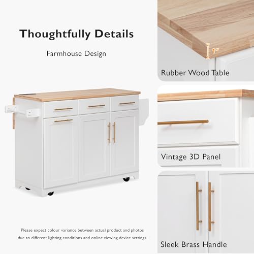59.3 Inch Mobile Kitchen Island Cart with Rubber Wood Top, Built-in Power Outlet, Drop Leaf Countertop, Tilt-Out Trash Cabinet, Pull-Out Storage Organiser, 3 Drawers,3 Doors, 5 Rolling Wheels, White by Noble House Home Furnishings - Image 7