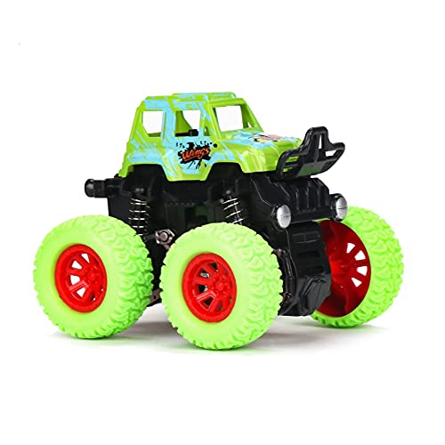 PULSBERY Plastic Unbreakable 4 Wheel Friction Powered Mini Rock Trucks Cars - Drive Vehicles Toys for Boys with Big Rubber Tires,Multicolor (Green)