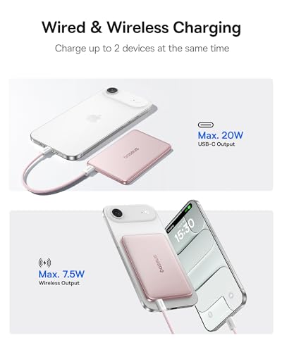 Image of Baseus Picogo Power Bank, 0.3 inch Ultra Slim 5000mAh MagSafe Battery Pack, Upgraded Polished Alloy Magnetic Portable Charger, Wireless Charger with USB-C Cable for iPhone 17 Pro Max /17 Air /16 /15 /14 /13 /12