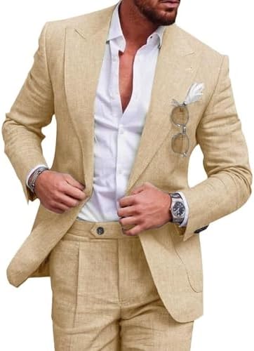 UNINUKOO Linen Suit for Men Summer Wedding 2 Piece Suit Set Peak ...