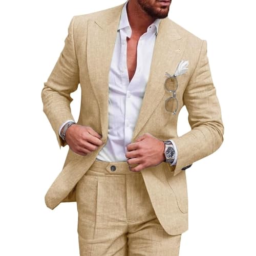 UNINUKOO Linen Suit for Men Summer Wedding 2 Piece Suit Set Peak Lapel Casual Blazer Pants Beach Wear for Men US Size L Champagne