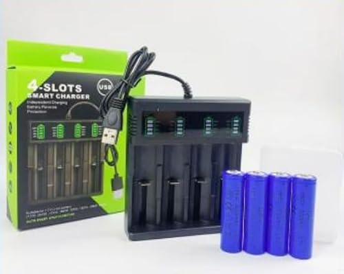 SGZIOO 18650 Battery Charger Set with 4 Pack 3.7V 2200mAh Pointed Batteries, 18650 Rechargeable Battery, USB 4 Slot Charger with LCD Display Smart, for 26650 21700 14500 18650