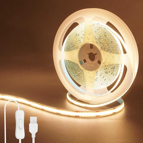 Clearhill 5V USB COB LED Strip Lights with Switch,6.56FT/2M,Warm White 3000K,320LEDs/M,8mm Width,Not Waterproof IP20,1M USB Cable,for DIY Home Indoor Decoration