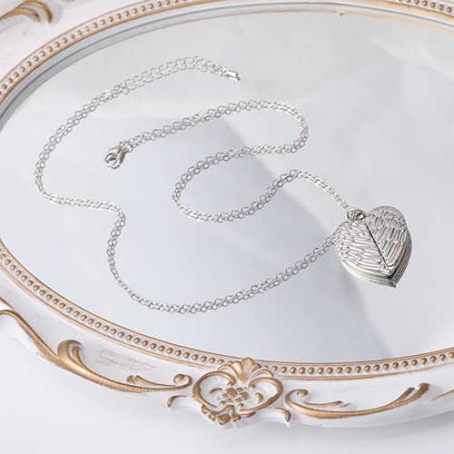 TOFBS Bilder Medaillon zum öffnen mit Kette Herz Engelsflügel Damen Personalisierte Halskette Amulett Anhänger mit Foto Schmuck (Silber)