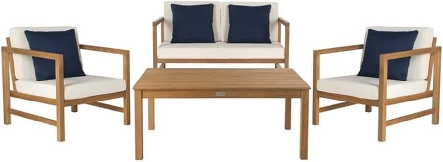 Pemberly Row 4-Piece Eucalyptus Wood Patio Dining Set, Teak Brown Finish, Beige Upholstery, Weather Resistant, Includes Bench, Armchairs, and Table for Outdoor Seating and Entertaining