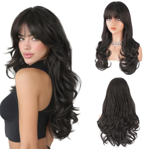 Perruque pour femme avec frange et cheveux bouclés noirs à vagues superposées
