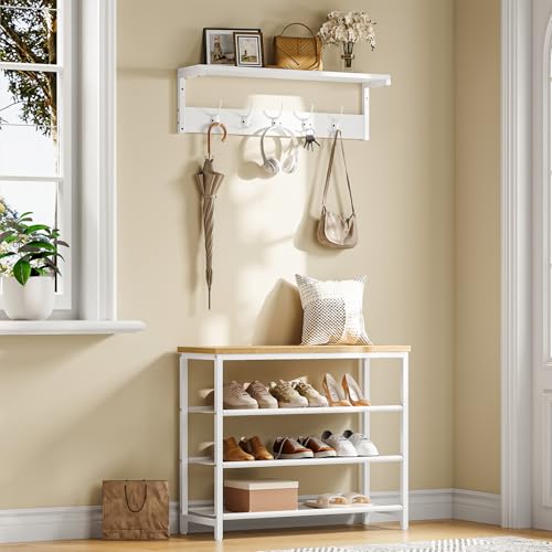 HOOBRO Wandgarderobe, Wandregal mit 7 Haken und Ablage, Hängeregal mit Garderobenleisten, Wandmontage, für Flur, Wohnzimmer, Küche, Weiß EWT16YM01