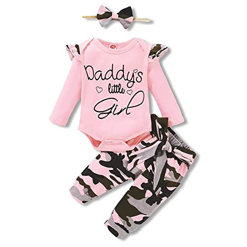 Image of nilikastta 3PCS Newborn Baby Girls Clothes Infant Outfit,Romper Bodysuit Long Sleeve Jumpsuit Ruffled Camouflage Pants(Pink3,0-3M)