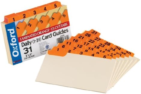 Oxford Index Card Guides with Laminated Tabs, Daily (1-31), 3" x 5" Size, Orange, 31 Guides per Set (3532)