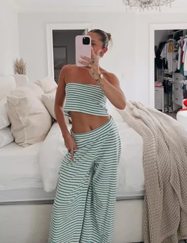 Image of Women's Striped Two Piece Sets Cropped Tube Top and Wide Leg Pants Lounge Matching set with Pockets