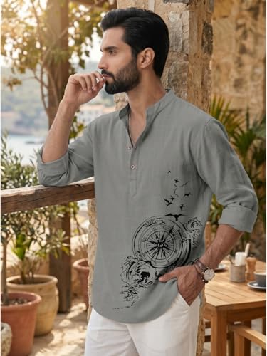 Image of DEELMO Men's Cotton Blend Mandarin Collar Self One Design Full Sleeve Casual Short Kurta