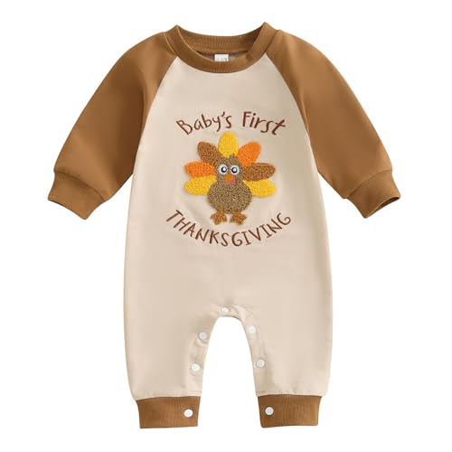 Kuriozud Newborn Baby Boy Thanksgiving Outfit Little Turkey Romper Long Sleeve Jumpsuit Infant Boy Fall Clothes