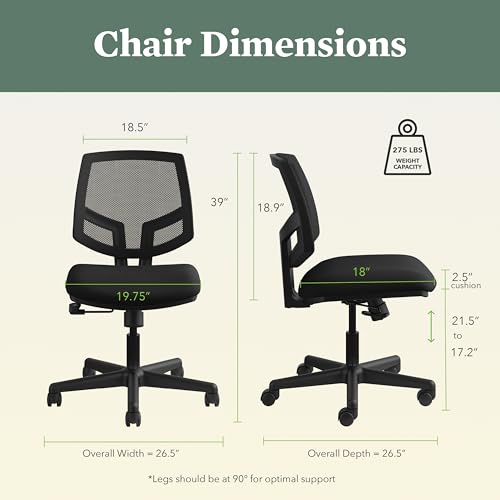 Image of HON Volt Ergonomic Office Chair with Mesh Back, Armless Fabric Desk and Computer Chair with Center‑Tilt Recline and Wheels for Home Office or Workstation, Black