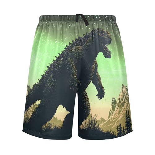 Mens Sleep Shorts Retro Monster Print, Elastic Pajama Short Pants with Pockets Drawstring S
