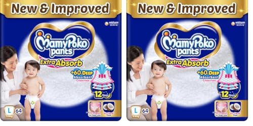 Image of MamyPoko Pants Extra Absorb Baby Diapers, Large (L), 64 Count, 9-14kg (Pack of 2)