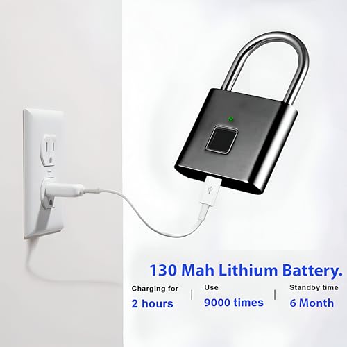 Image of Pothunder Fingerprint Smart Padlock Lock, Biometric Metal Keyless Thumbprint Lock, Waterproof, USB Rechargeable, for Gym Locker, School Locker, Luggage, Backpack, Suitcase (DarkBlack)