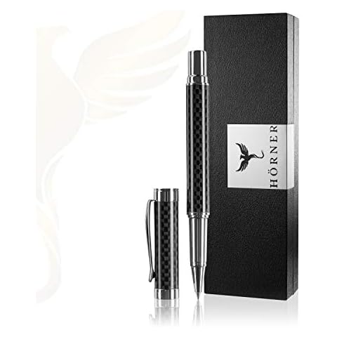 Hörner ONE - Hochwertiger Tintenroller Carbon schwarz silber | Schreibfarbe Blau 0,7 mm | Aus Metall | edles Schreibset mit Etui I Stift für Vielschreiber | Modern Cover