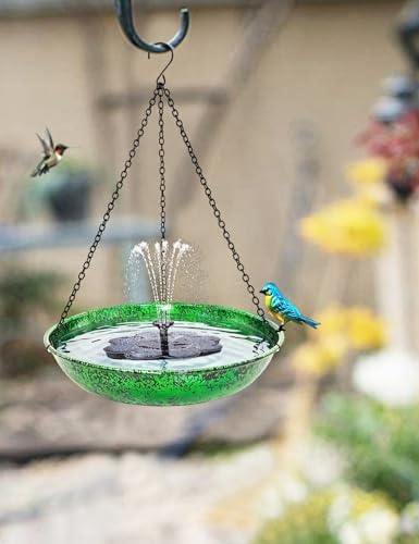Hanging Bird Bath for Outside, 11” Metallic Green & Blue Metal Birdbath Bowl & Feeder with Black Chain Outdoor Garden Yard Decor (0.5 Gallon) - 4