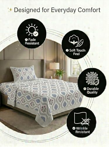 Image of Mafatlal 144 TC Heritage 100% Cotton Bedsheet for Twin Bed & Single Size Bed with Pillow Cover (90x60 inches), Jaipuri Rajasthani Design, Extra Soft & Wrinkle Free| Soft Blue