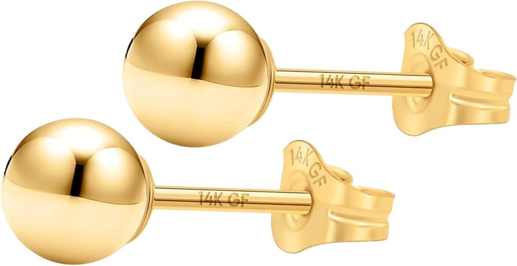 14k Solid Gold Studs Earrings for Women and Men - Small Real and Pure Round, Butterfly Pushback, Hypoallergenic, Jewelry Gifts - Available in 3 Sizes