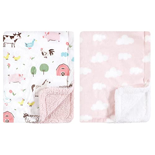 Hudson Baby Unisex Baby Plush Mink and Sherpa Blanket, Girl Farm Animals, One Size