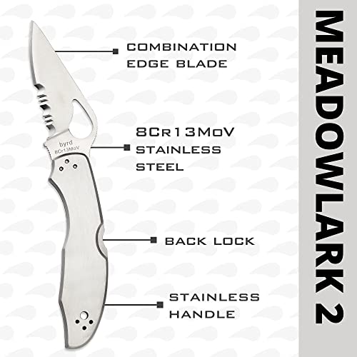 Image of Spyderco Byrd Meadowlark 2 Folding Pocket Knife, CombinationEdge | 6.9 inch Overall Length, 2.97 inch 8Cr13MoV Steel Blade, Stainless Steel Handle, Back Lock, Full-Flat Grind