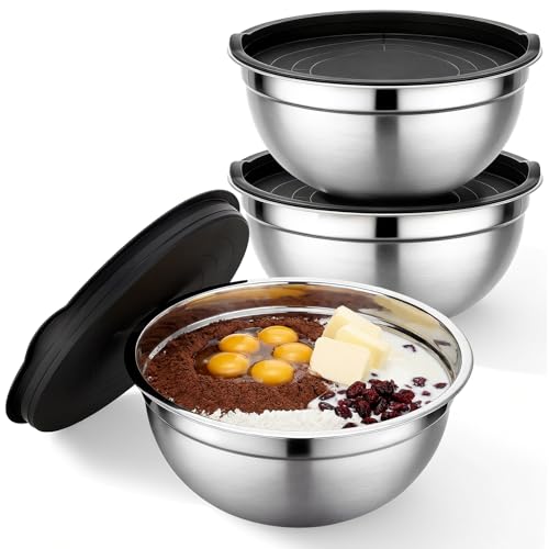 Beasea Stainless Mixing Bowls Set of 3, 4 QT Stainless Steel Nesting Mixing Bowls with Lids, Stackable Baking Bowl with for Kitchen, Food Prepping, Salad and Serving