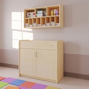 Foundations SafeSwing Daycare Changing Table Durable Wood Cabinet with 2 Built in Shelves Storage wSoft Close Hinges Includes Durable Mattress Pad Natural