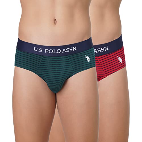 U.S. POLO ASSN. Men Horizontal Stripe Antibacterial EB005 Briefs - Pack of 2 (Bistrogreen-Navy/Navy-Pomogranate L)