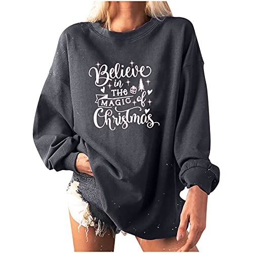 Deskably Christmas Women's Gifts,Pullover O-Neck Tops Winter Fleece Long Sleeve Festival Printed Blouses Ladies Oversized Sweatshirts Gray #TOP5