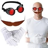 BOUTICOL 3 PCS Halloween Evil bald Man Costume including Steampunk Glasses Beards and Gloves for Halloween Cosplay Party