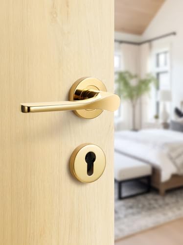 SORWDUERM Türgriff Gold Drückergarnitur, Edelstahl matt, Türklinke für Haustür und Innentür, L-Form, PZ - Profilzylinder, Rund-Rosette