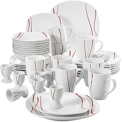 MALACASA Vajillas Completas Modernas 40 Piezas, Juegos de Platos para 8 Personas con 8 Platos Hondos/ 8 Platos llanos/ 8 Platos de Postre/ 8 Tazas/ 8 Huevera, Blanco y Rojo, Serie FELISA