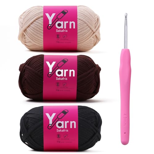 Image of Crochet Yarn 150g /163.5yds Cotton Yarn for Crocheting - Crochet Knitting Yarn for Beginners with Easy-to-See Stitches - Yarn for Crocheting - Parfait Chunky Yarn (Beige+Coffee+Black)