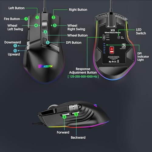 LYXLOVERI Mouse de jogo de macro definição RGB de velocidade total com 10 botões personalizáveis, mo