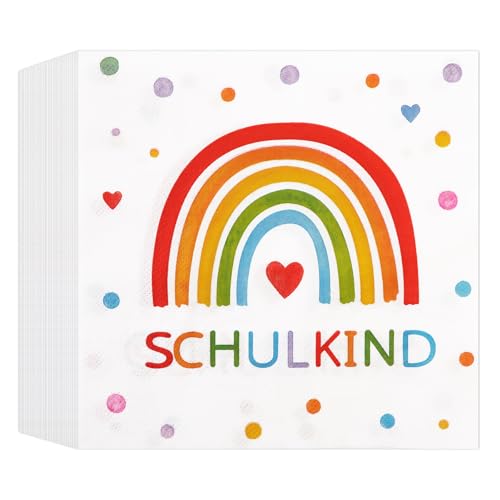 40Stück Servietten Einschulung Regenbogen Einschulung Servietten Deko Schulkind 2026 Mädchen Junge Schulanfang Partyservietten Deko Regenbogen Party Tischdeko 33 X 33 Cm