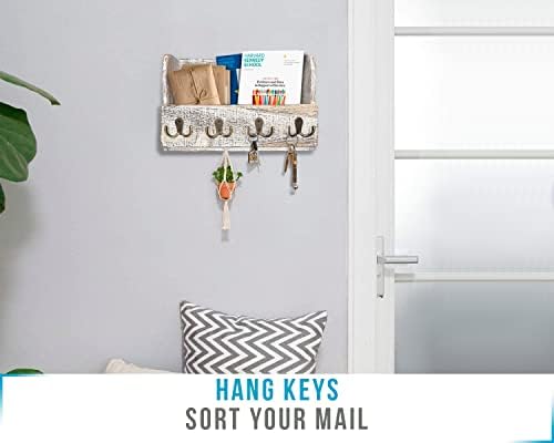 Comfify Wooden Wall Mount Mail Holder Organizer  Rustic Key Holder Organizer for Wall  Magazine Holder with 4 Double Key Hooks  Distressed White Rustic Wall Décor for Entryway