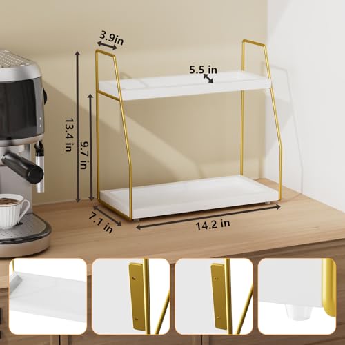 Yaoyiizy Coffee Organizer Station for Countertop, 2 Tier Coffee Accessories for Coffee Bar, Wooden Shelf Gold Metal Station Organizer for Countertop, Kitchen - Thumbnail 3